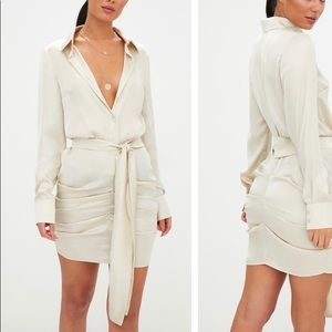 PLT Champagne Satin Ruched Shirt Dress